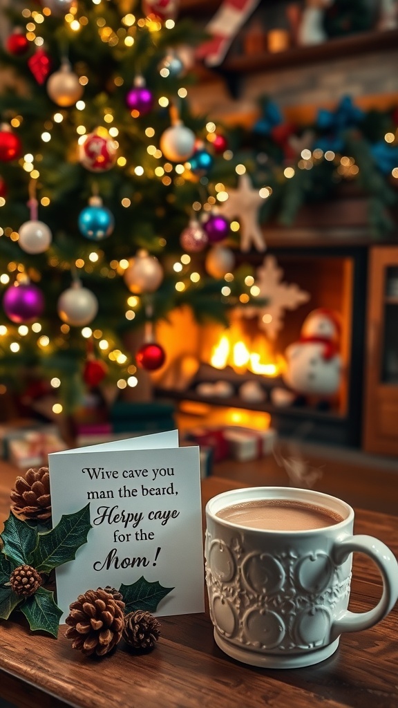 Heartwarming Christmas Quotes for Mom A festive Christmas scene with a decorated tree, a heartfelt card for mom, and a cup of hot cocoa.